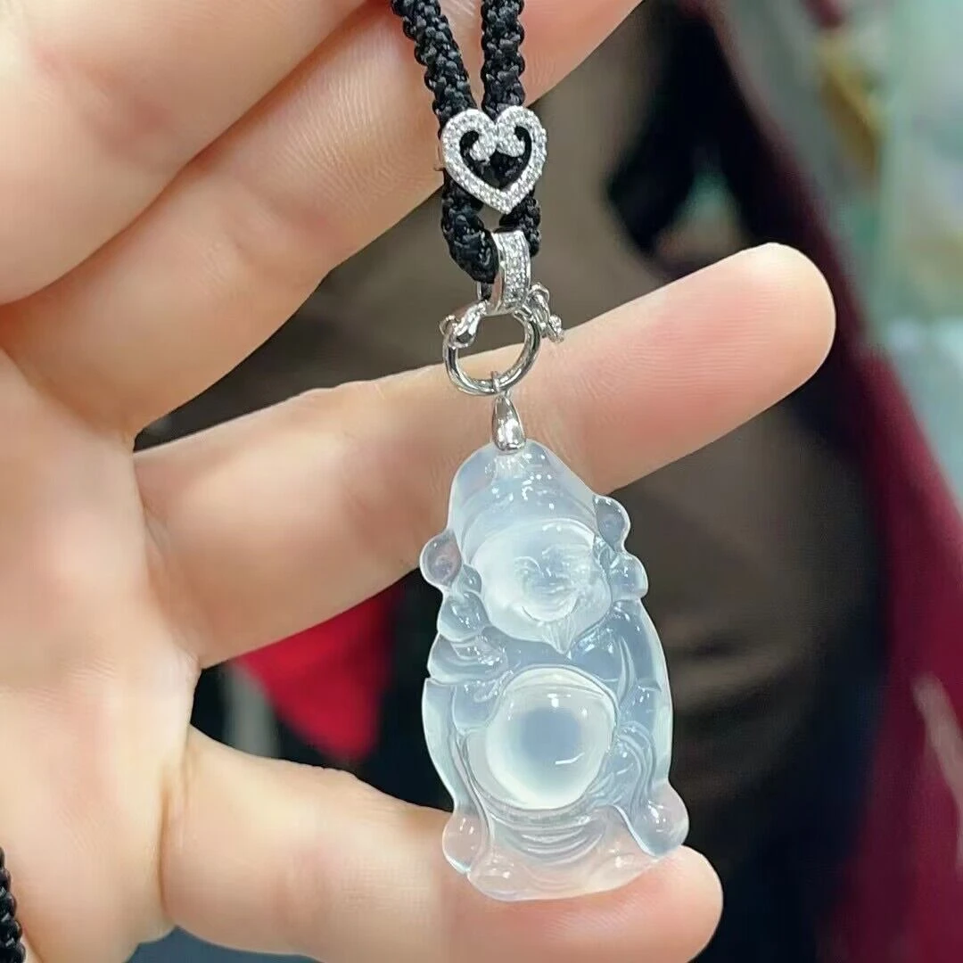 铜合金琉璃吊坠 玉雕刻财神吊坠镶嵌配饰俏色链子女款挂坠项链