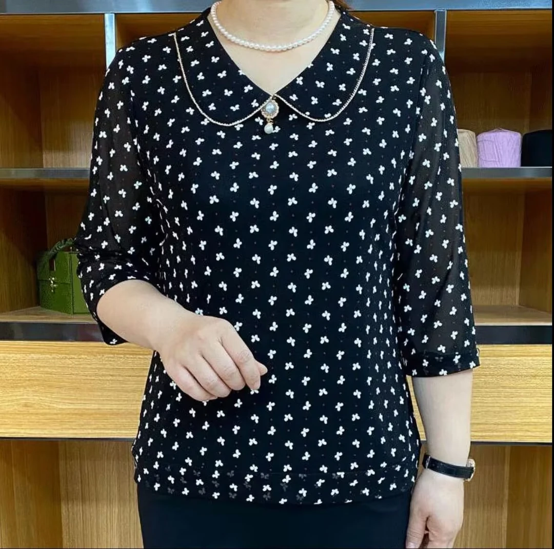 春夏季新款时尚娃娃领七分袖小衫T恤女士宽松高档网纱上衣妈妈装