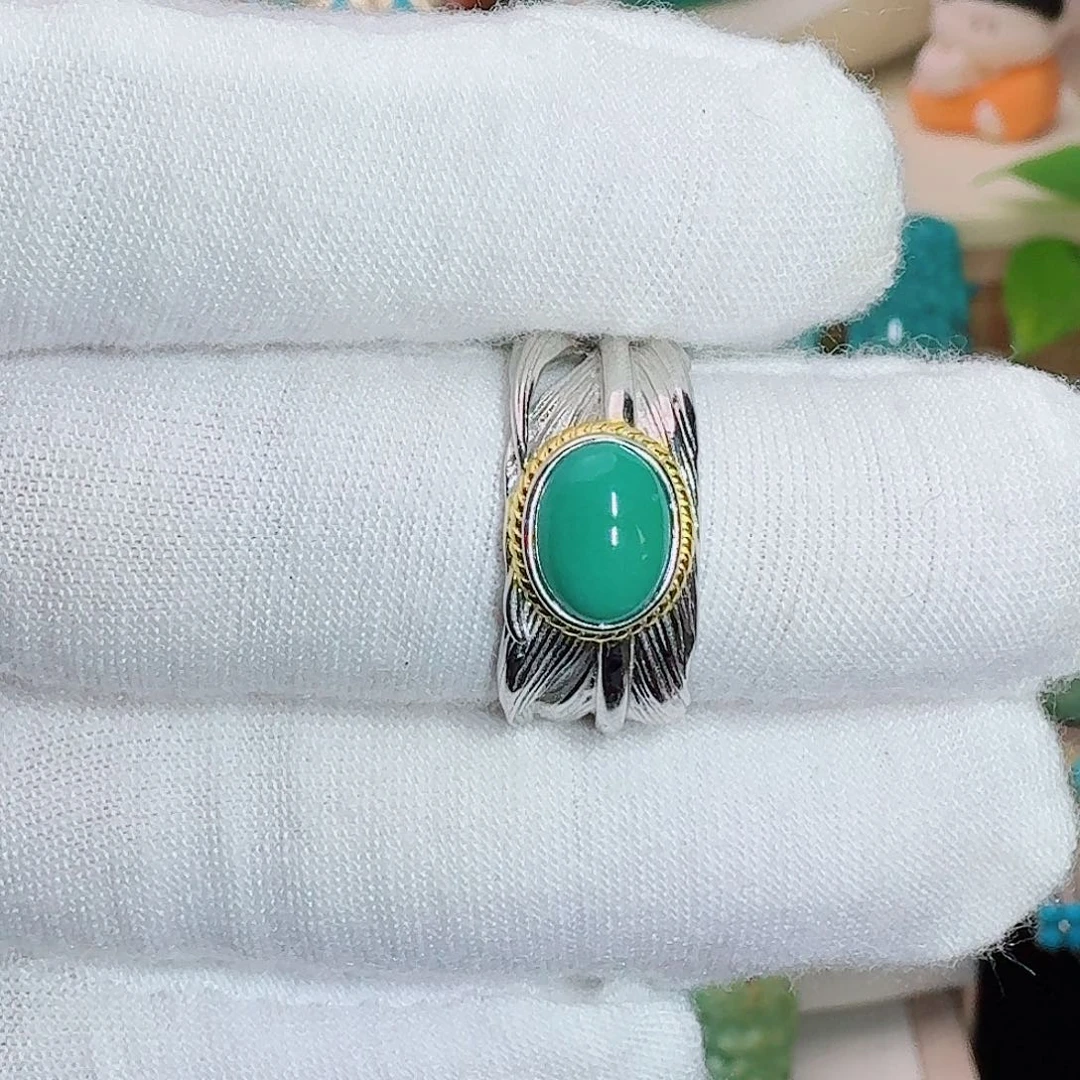 绿松石银S925镶嵌珠宝奇石玉华绿戒指