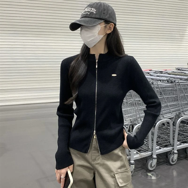 双拉链加厚毛衣外套女秋冬新款开衫立领长袖修身针织上衣内搭打底