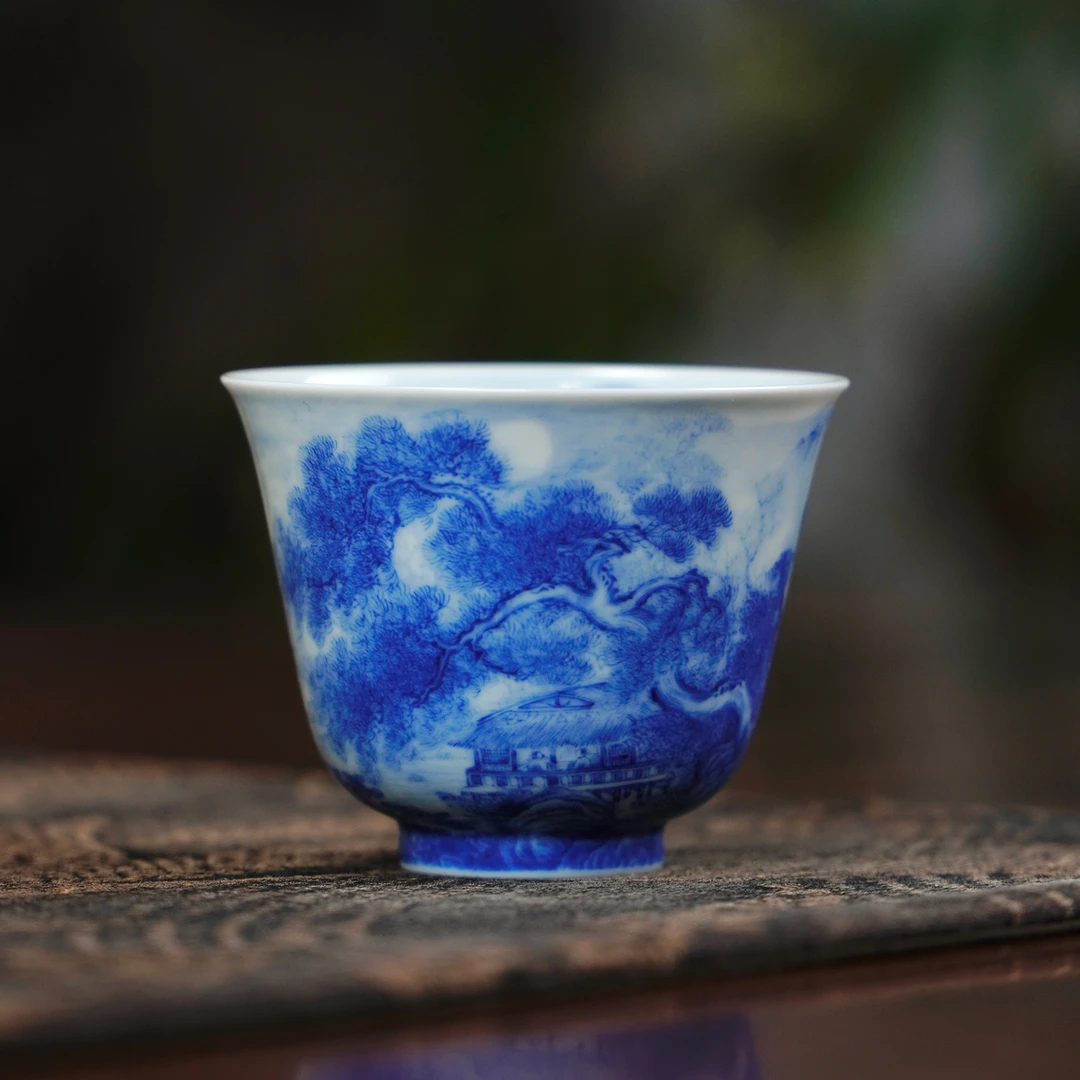 砚菲轩窑主程燕飞亲工原创诗文意境青花山水薄胎杯手绘高档主人杯