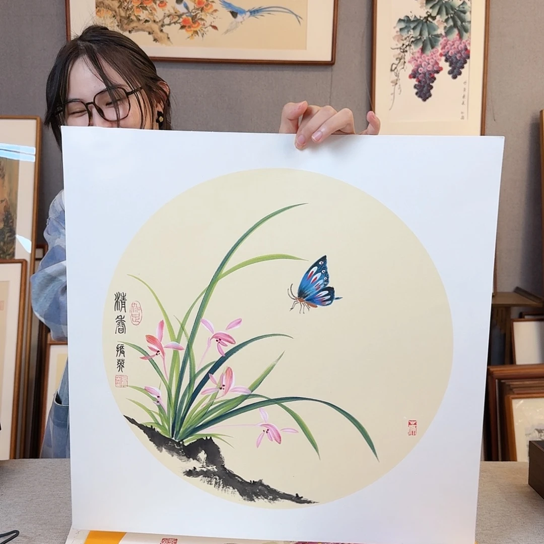 国画纯手绘，纯手写带框尺寸：53×53厘米