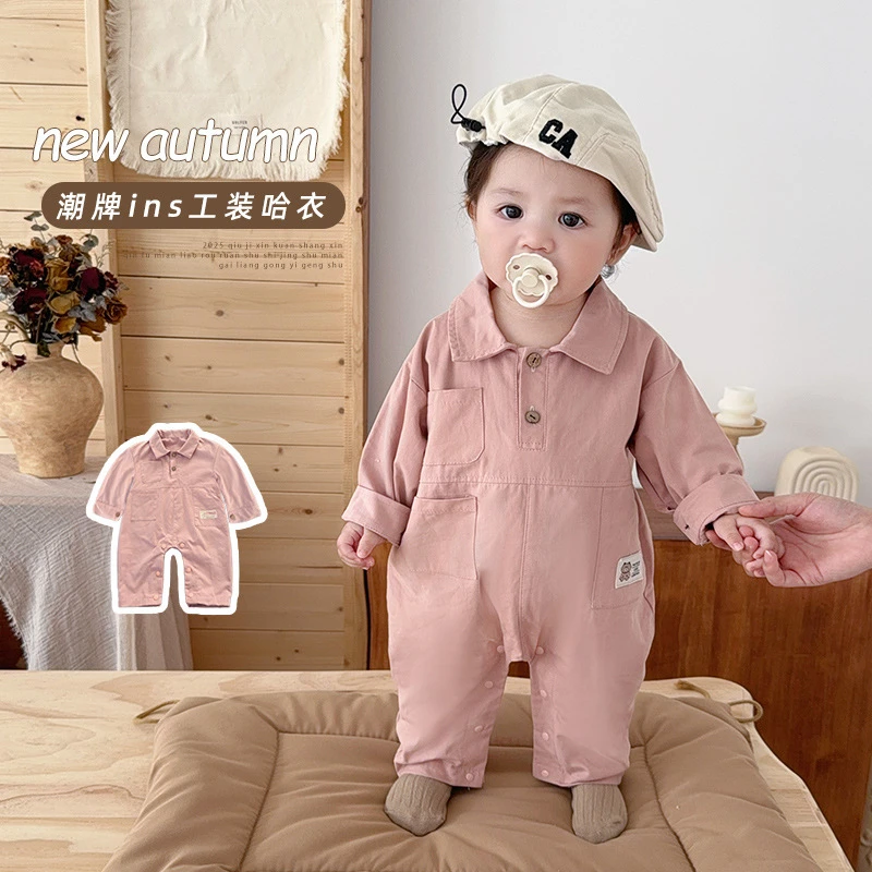婴儿春秋外出服粉色韩版帅气连体衣男女宝宝工装风哈衣长袖爬爬服