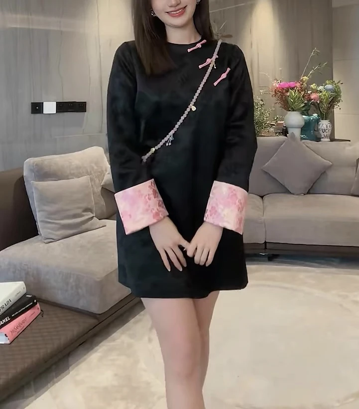 南油朱粉色袖口醋酸裙121