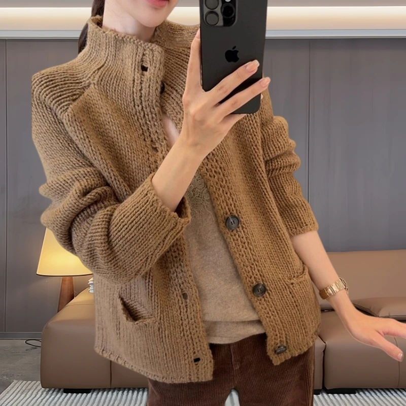 韩版减龄设计感立领针织衫女秋冬通勤慵懒宽松显瘦软糯单排扣上衣