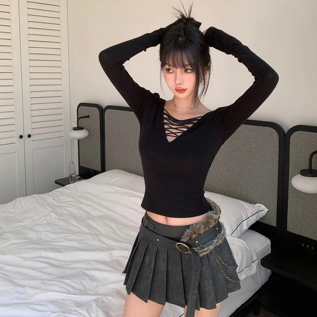 【清仓特惠】IMMR梦茹 美式辣妹 PU皮拼接毛边腰带高腰百褶裙女秋冬