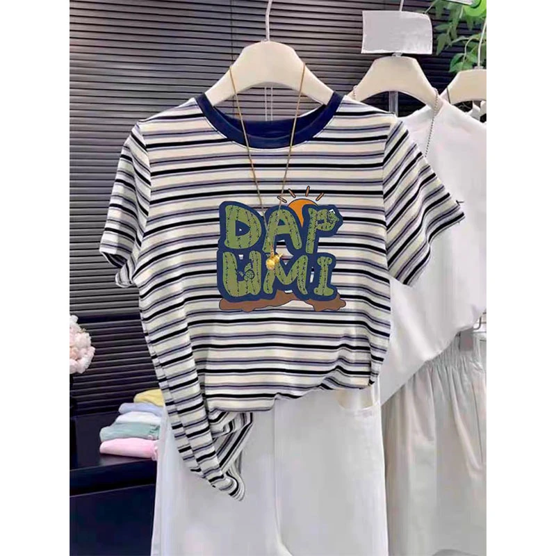 设计感领口拼色正肩条纹圆领短袖t恤女时尚百搭纯棉上衣打底衫春