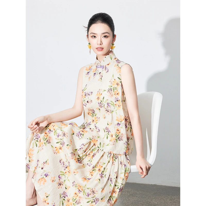 新中式2025春新款亚麻夏季套装无袖盘扣上衣女收腰半身裙夏装气质