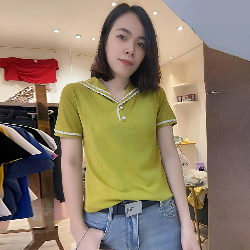 高含棉时髦百搭海军领拼接短袖t恤女2025年夏季新款修身显瘦上衣