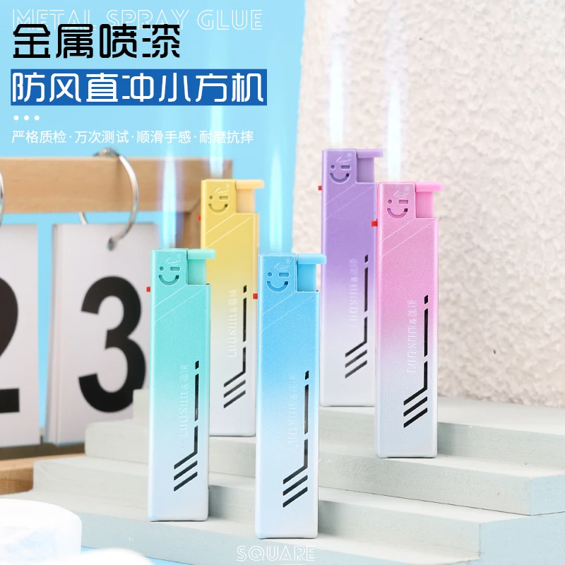 蓝焰金属直冲防风打火机充气个性创意家用耐用潮流双色方形打火机