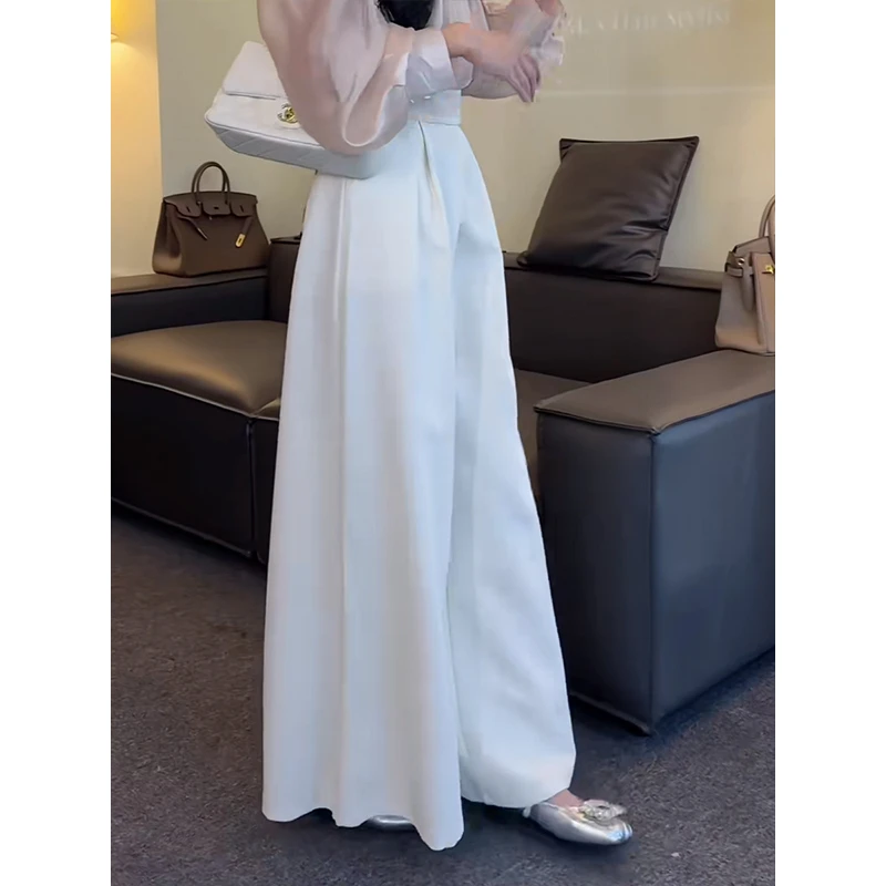 高腰遮肉阔腿裤白色西装垂感魔术贴长裤显瘦日常休闲风直筒阔腿裤
