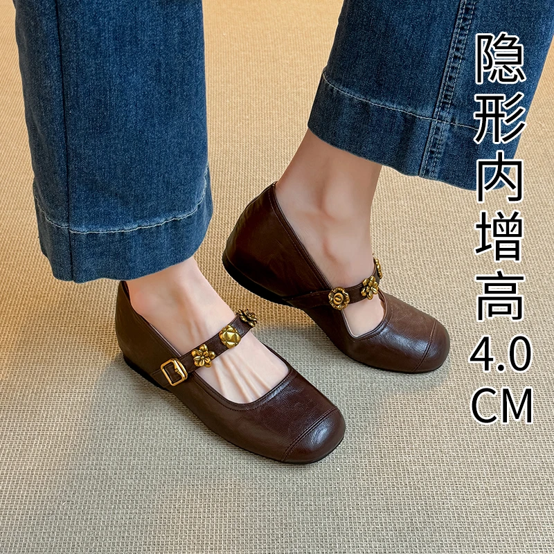 羊皮版~法式浅口内增高单鞋女2025新款山茶花一字带玛丽珍奶奶鞋