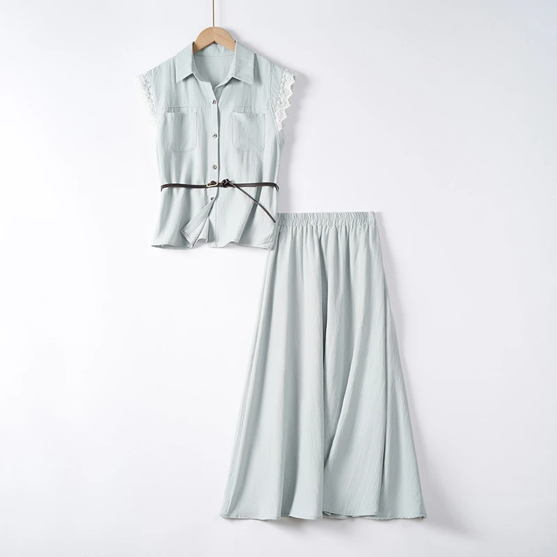 蕾丝花边短袖上衣半身裙休闲时尚套装女夏新款气质减龄两件套0173