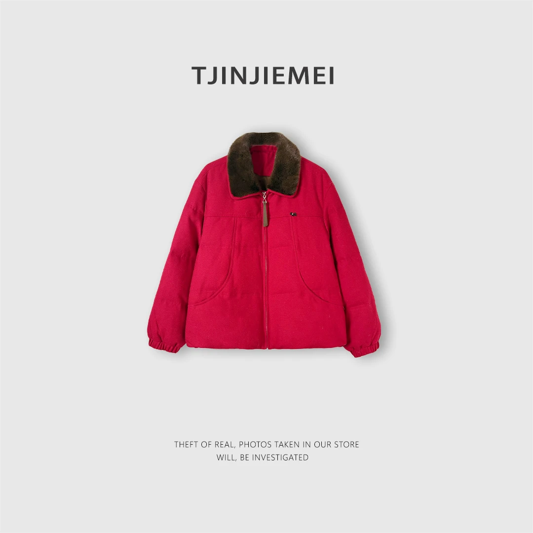 T井姐妹【开门红】设计感桑蚕丝羊毛水貂领高订鹅绒服ERF2512-3885