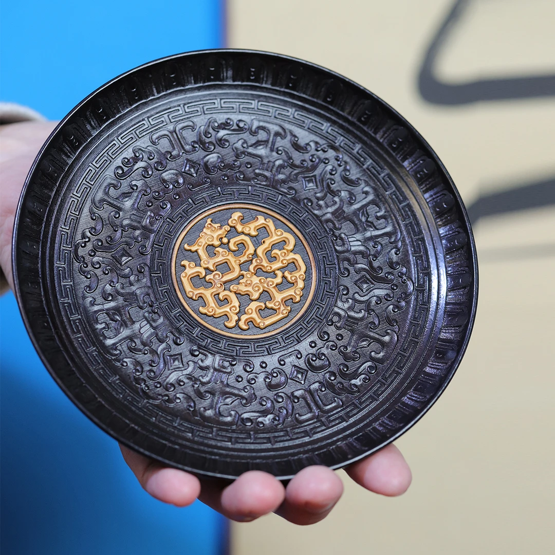 紫光檀螭龙如意纹圆盘嵌黄杨木客厅干果盘茶点盘点心收纳托盘