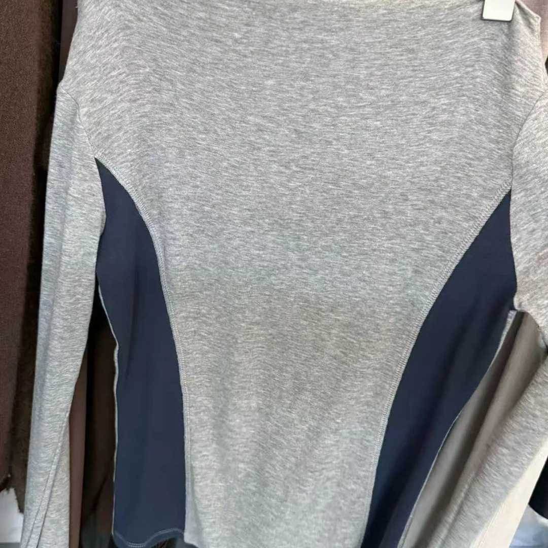 模特自留秋季新款 腰部拼色灰色一字领舒服长袖T恤女