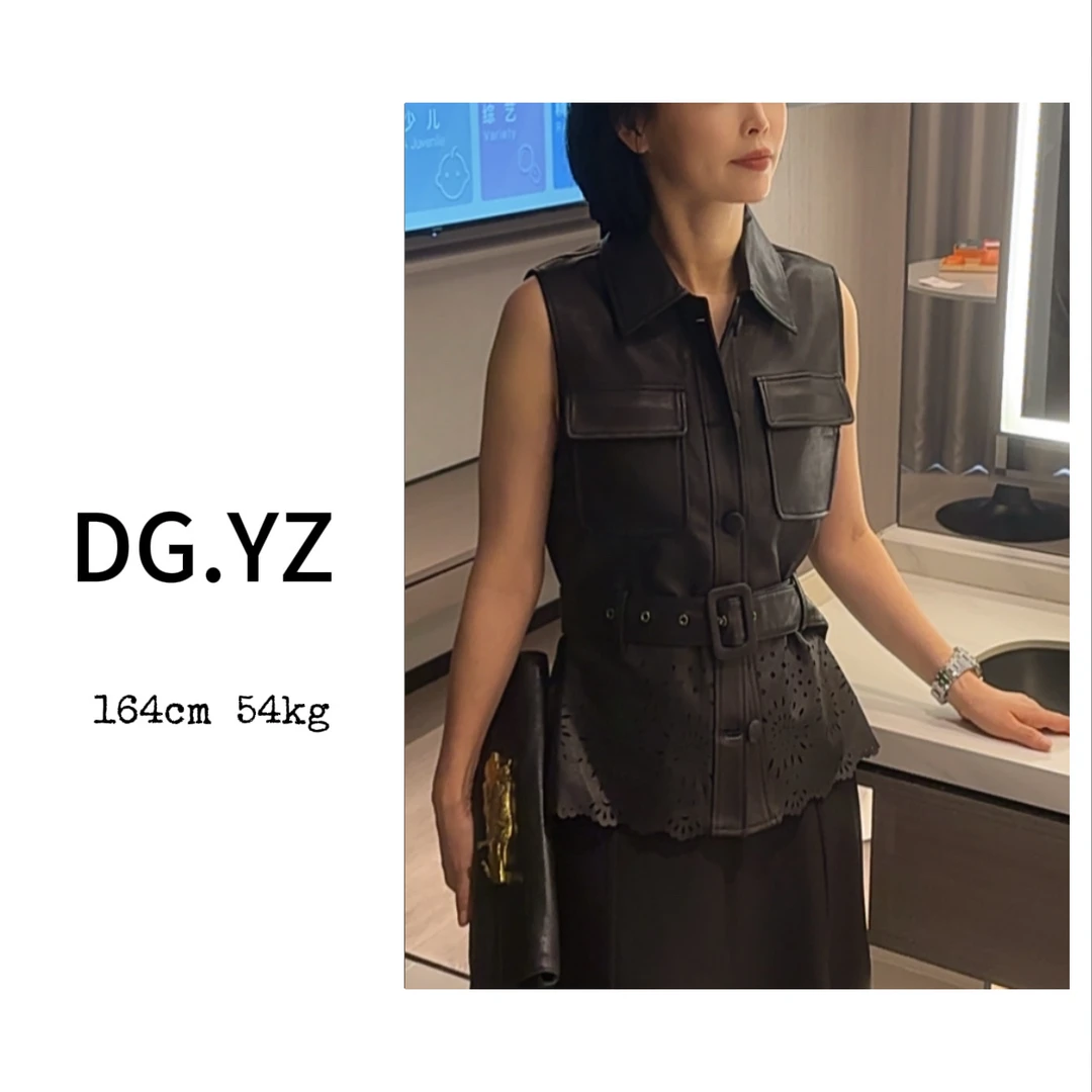 【樱子家】2893F新款衬衫领镂空系带早秋皮衣马甲