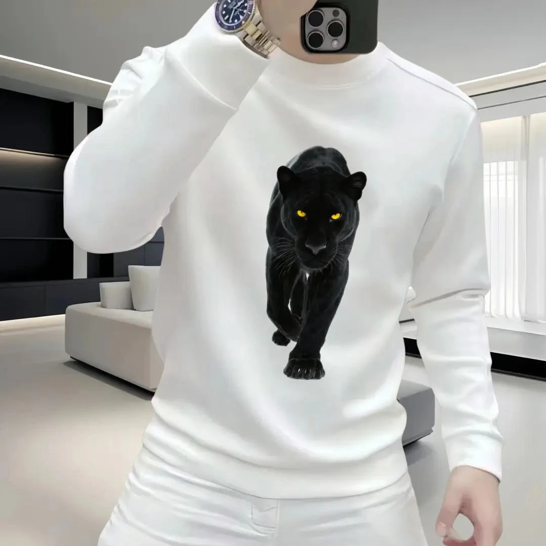 秋冬季新款潮流黑豹印花卫衣男士圆领潮酷休闲长袖青年加绒打底衫