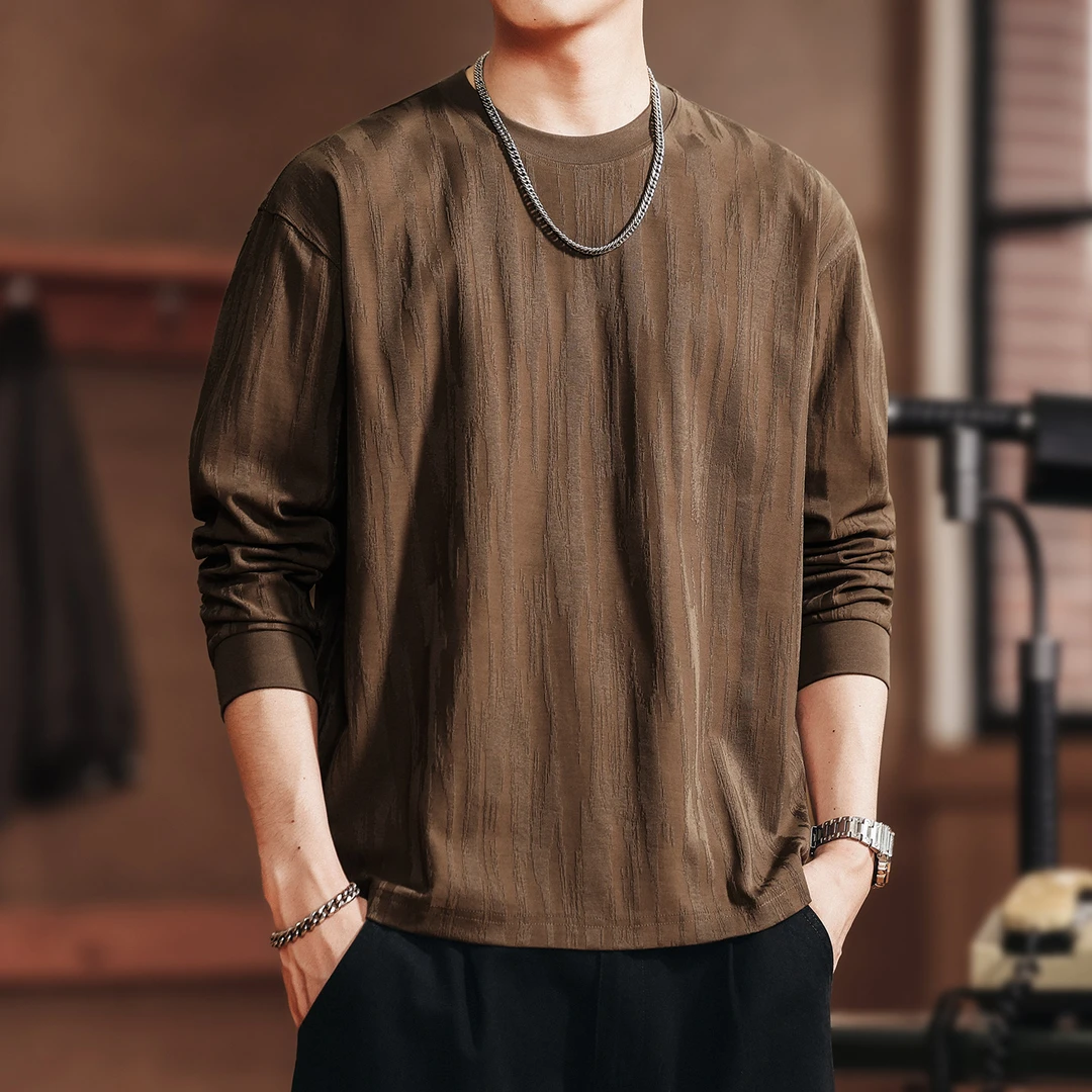 U&PURA高端日系潮牌树皮长袖T恤男秋季新款休闲肌理感圆领打底衫