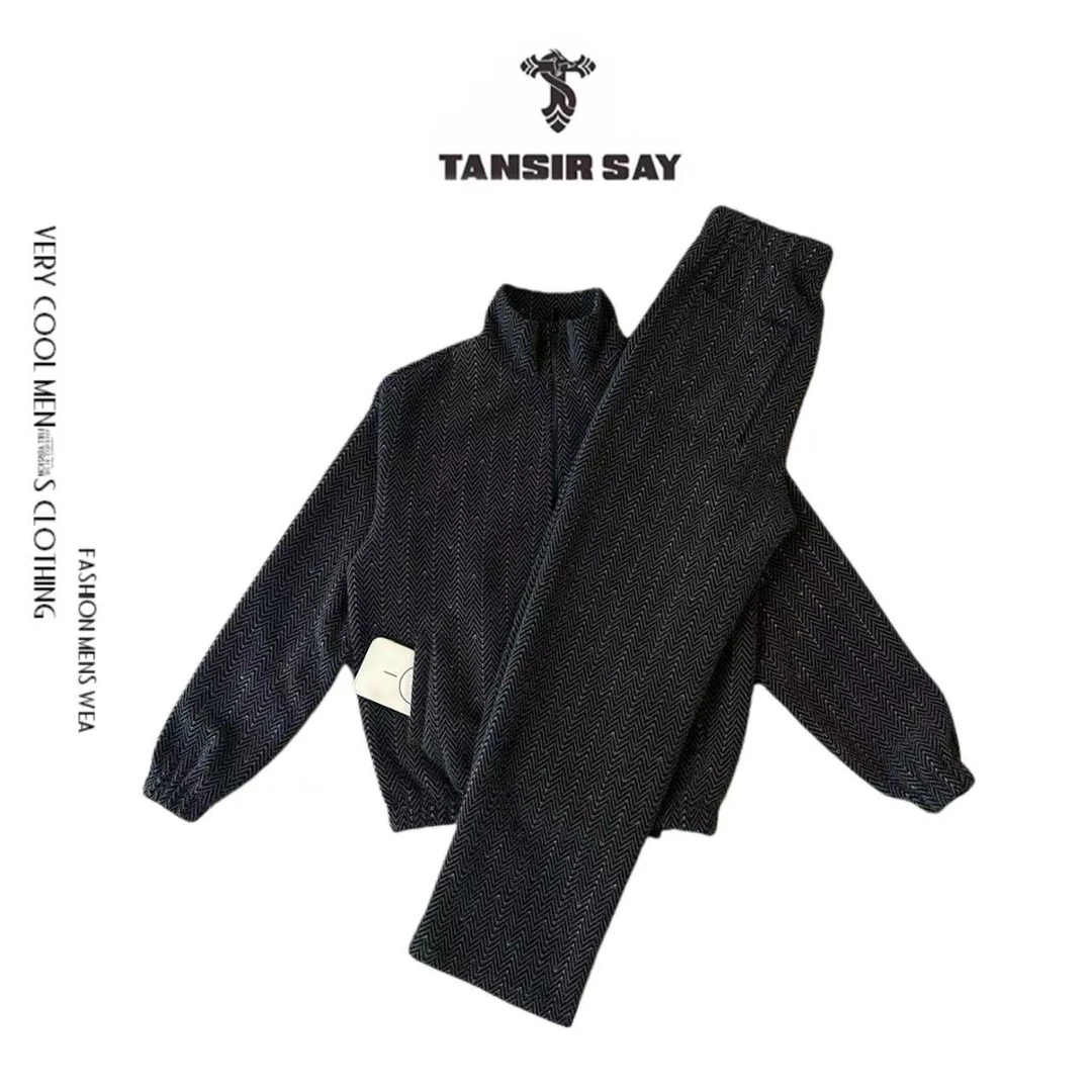 小众设计师秋冬双面色织提花男装套装