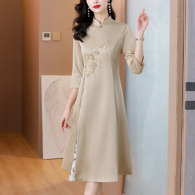 喜婆婆婚宴装香槟色礼服裙2025秋季新款气质优雅改良旗袍连衣裙女