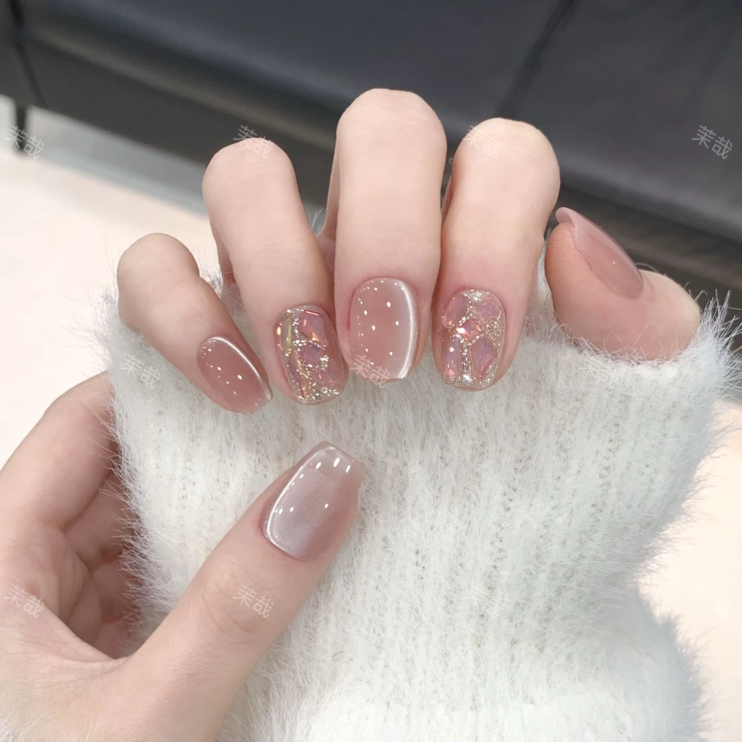 茉哉现货【粉水晶】纯手工定制美甲拆卸穿戴甲A3729