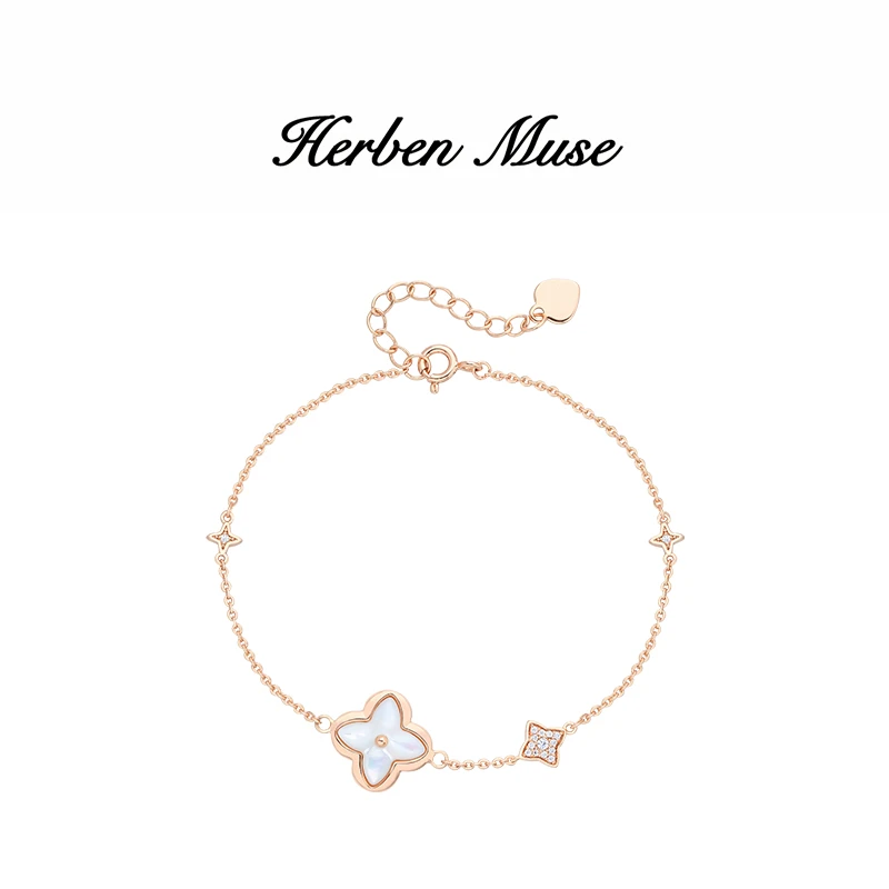 HERBEN MUSE 合金合成锆石手链 经典老花四叶草菱形百搭轻奢手链