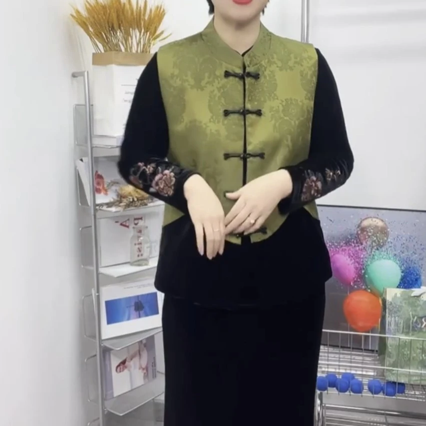 （青花瓷）马甲立领提花宽松型拼接秋季中国风唐装气质时尚百搭