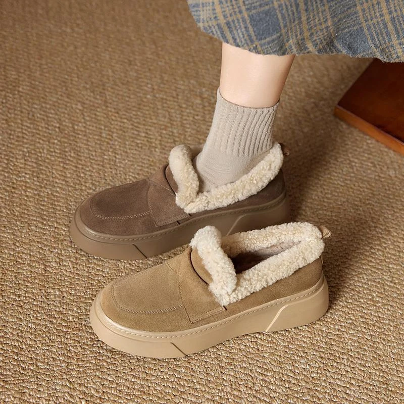 羊毛保暖~厚底毛毛鞋一脚蹬雪地靴女2025新款加绒棉鞋休闲乐福鞋