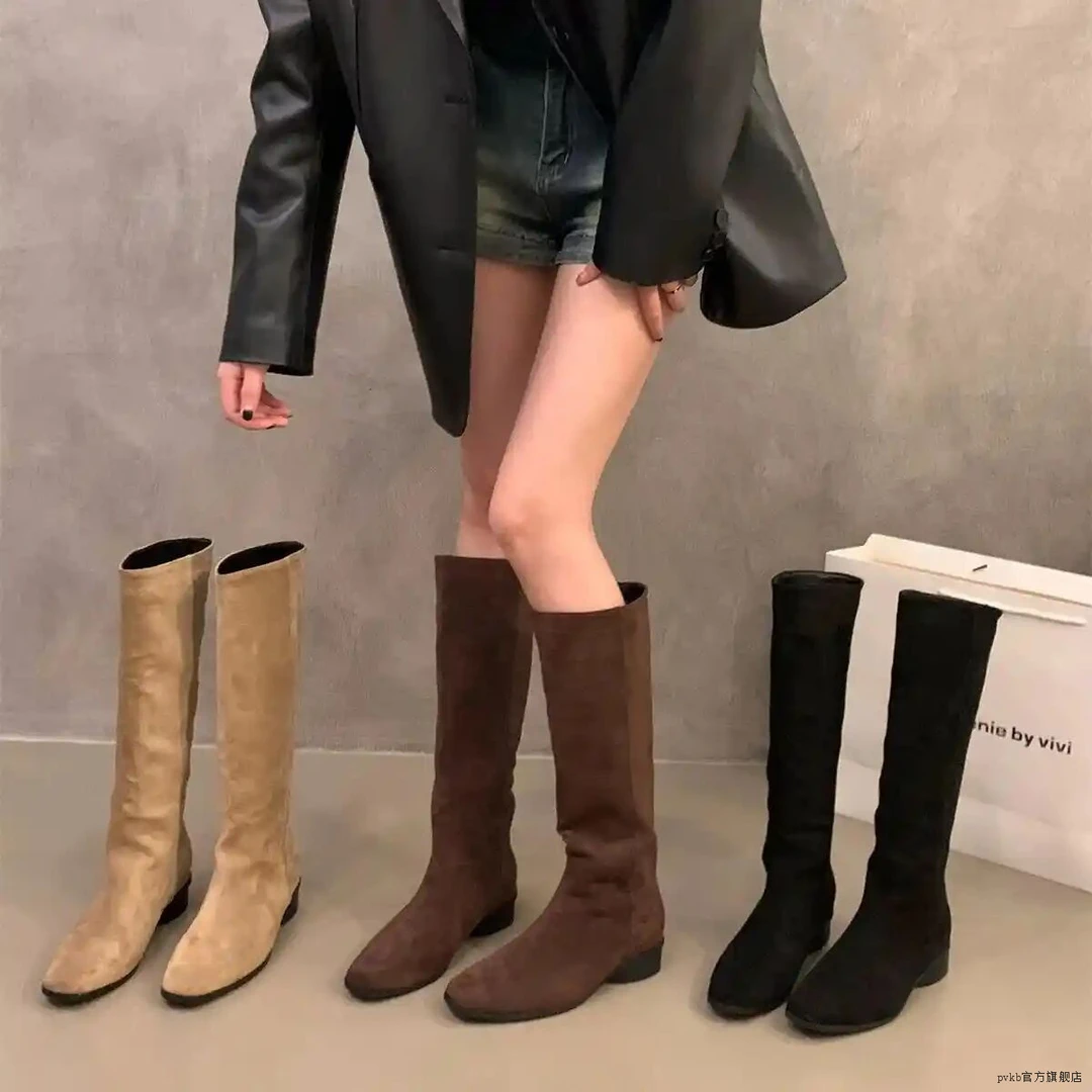 羊皮版~真皮方头棕色后拉链长靴女秋冬新款显瘦绒面瘦瘦靴骑士靴