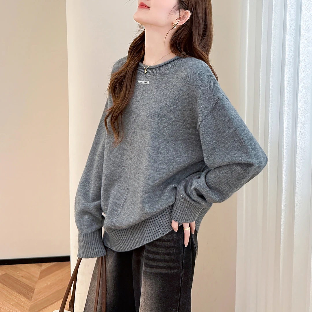 D1441  唐狮秋冬毛衣女简约百搭卷边圆领套头慵懒风高级感毛线衫