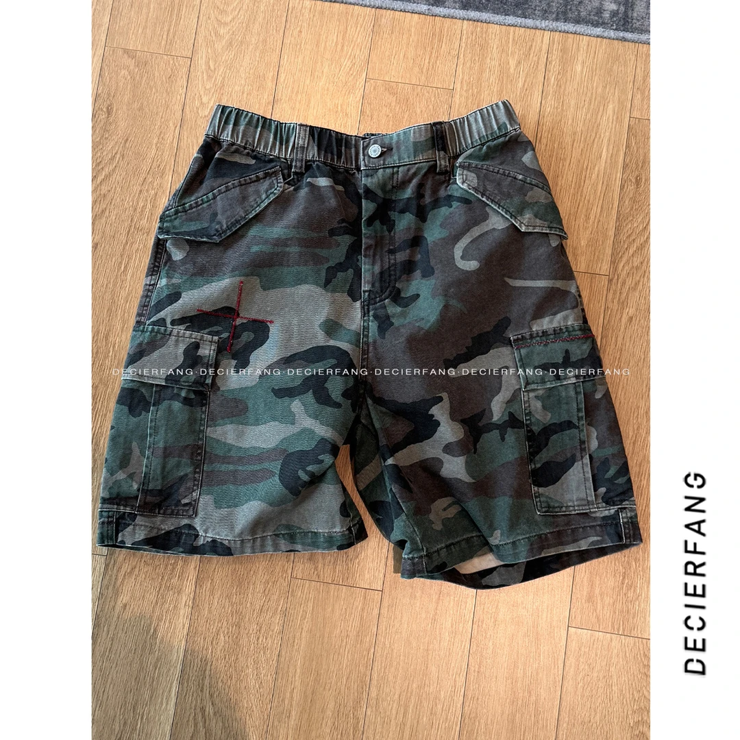 DF美式水洗做旧户外迷彩工装休闲大口袋宽松百搭五分裤短裤