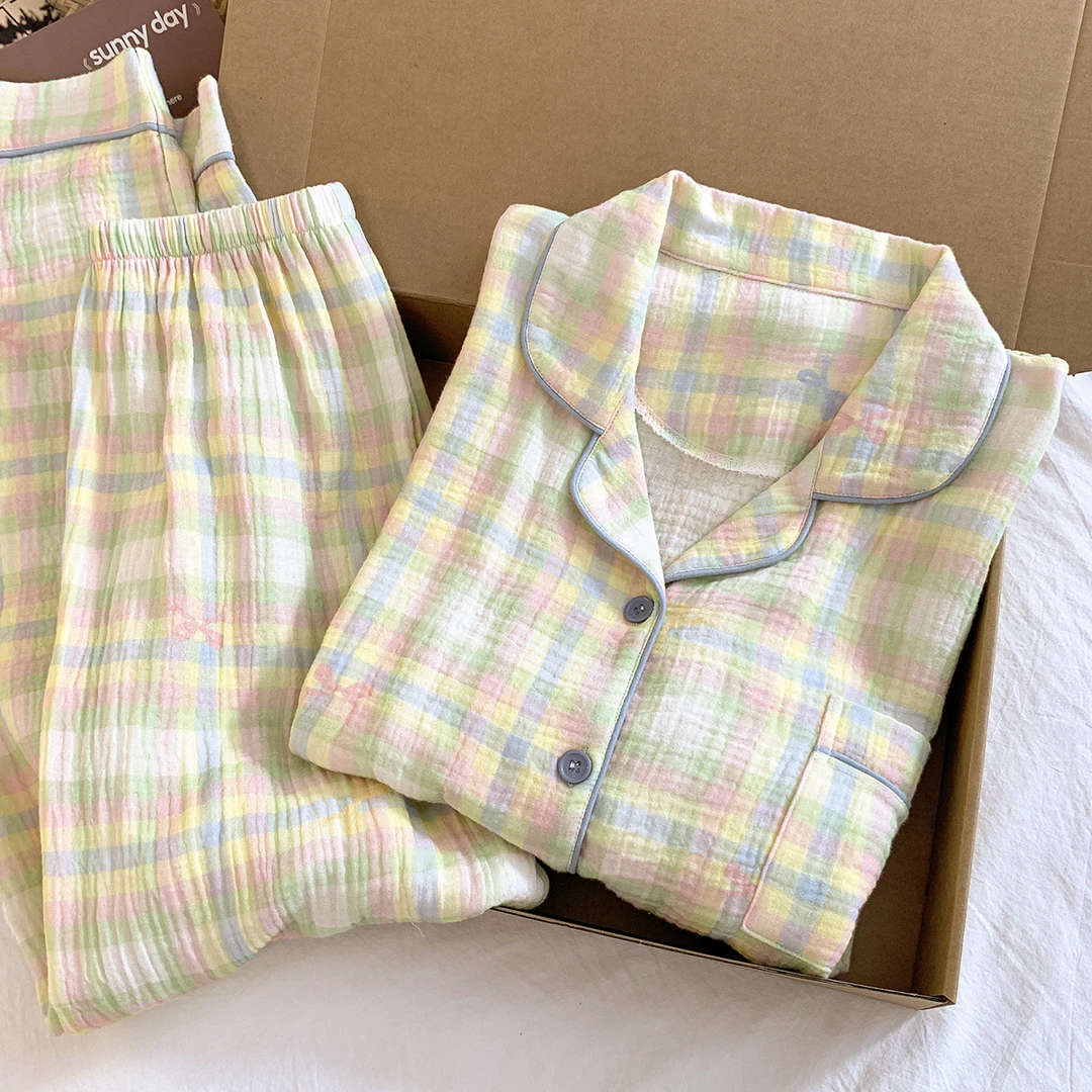 多巴胺彩色格子可爱睡衣女春秋季日系双层棉纱宽松长袖长裤家居服