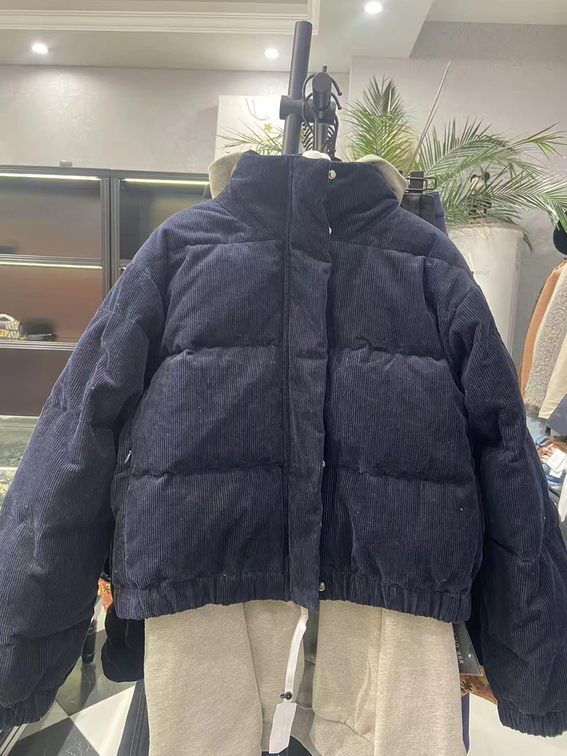 设计款高级蓝色短款灯芯条绒大鹅绒服羽绒服 no退no换
