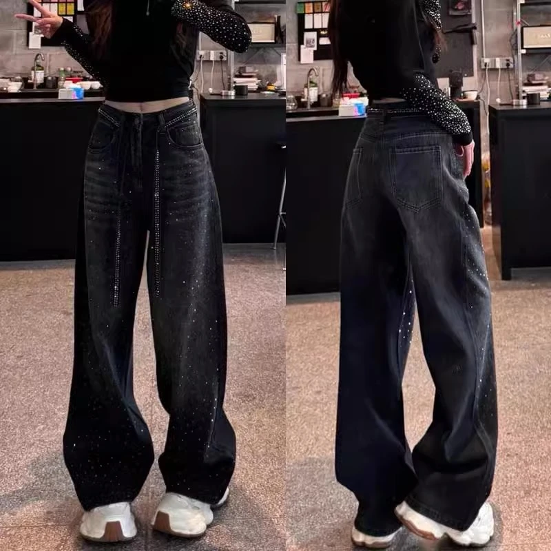 重工烫钻亮闪闪牛仔阔腿裤女春季新款高腰显瘦直筒裤时尚百搭长裤