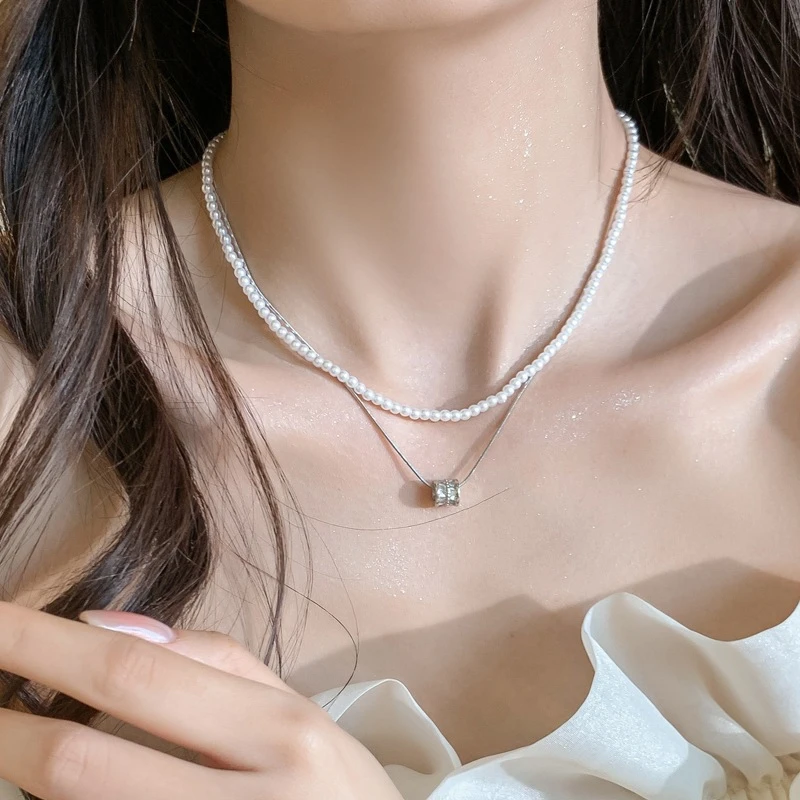 铜合金锆石吊坠 法式锆石小蛮腰双层叠戴珍珠项链女气质轻奢项链