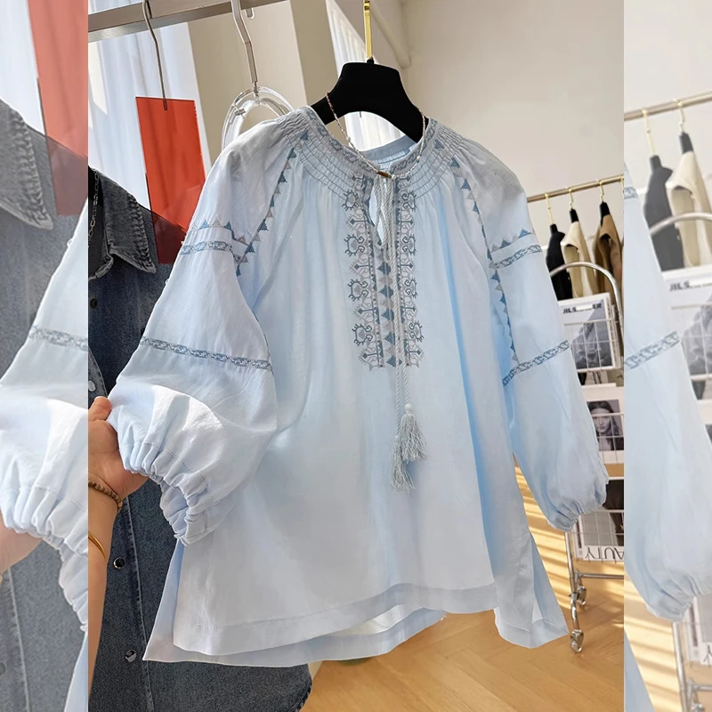 春秋开叉不规则法式气质高级褶皱衬衫刺绣碎花走线衬衣温柔设计感