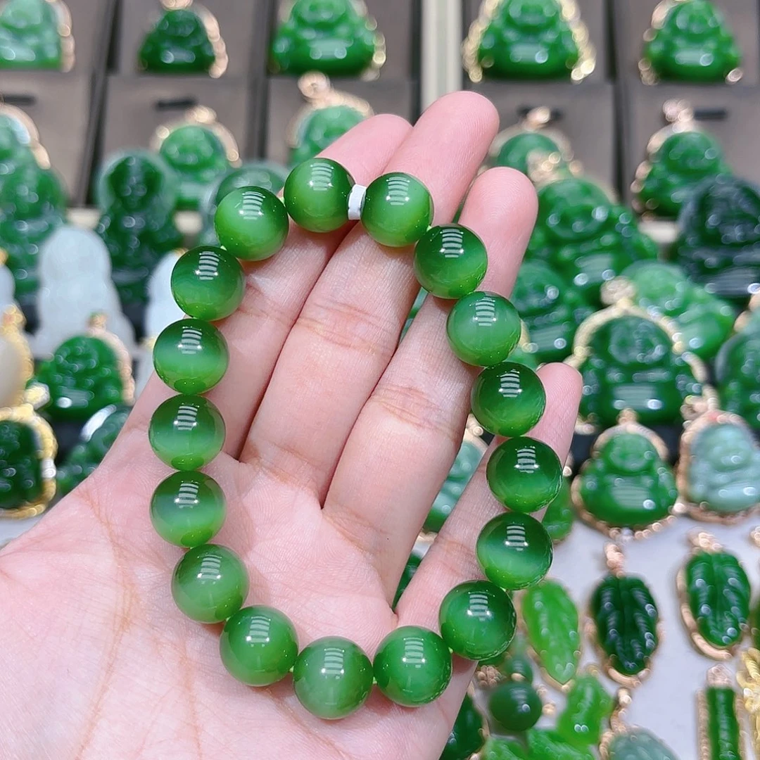 和田玉（碧玉）手串未镶嵌12m绿猫眼单圈高货款