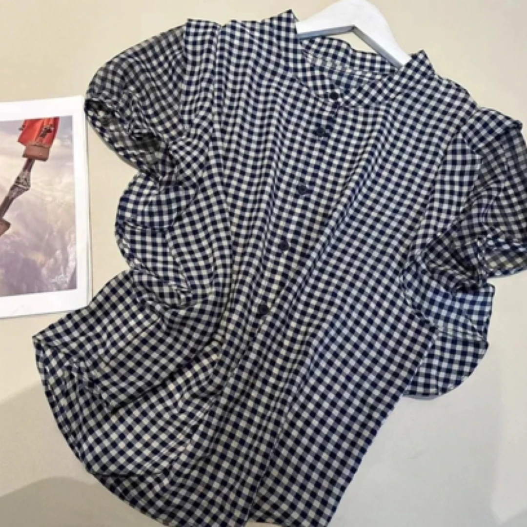 复古格子荷叶边短袖衬衫女2025夏季新款韩版宽松时尚洋气百搭上衣