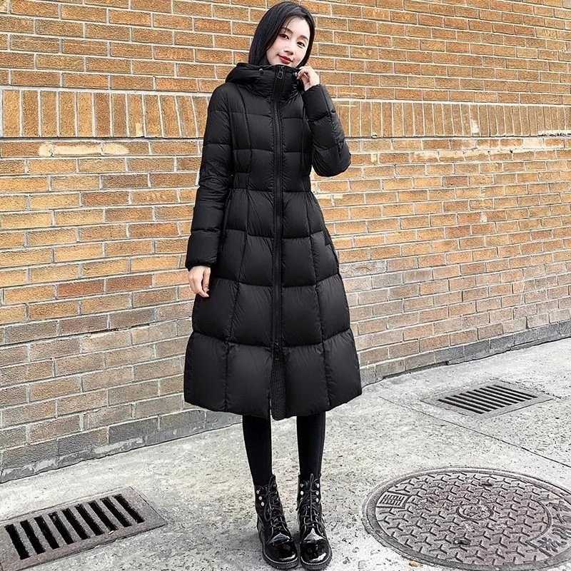 2025新款冬季收腰超长黑色棉服外套加厚显瘦连帽中长款棉袄