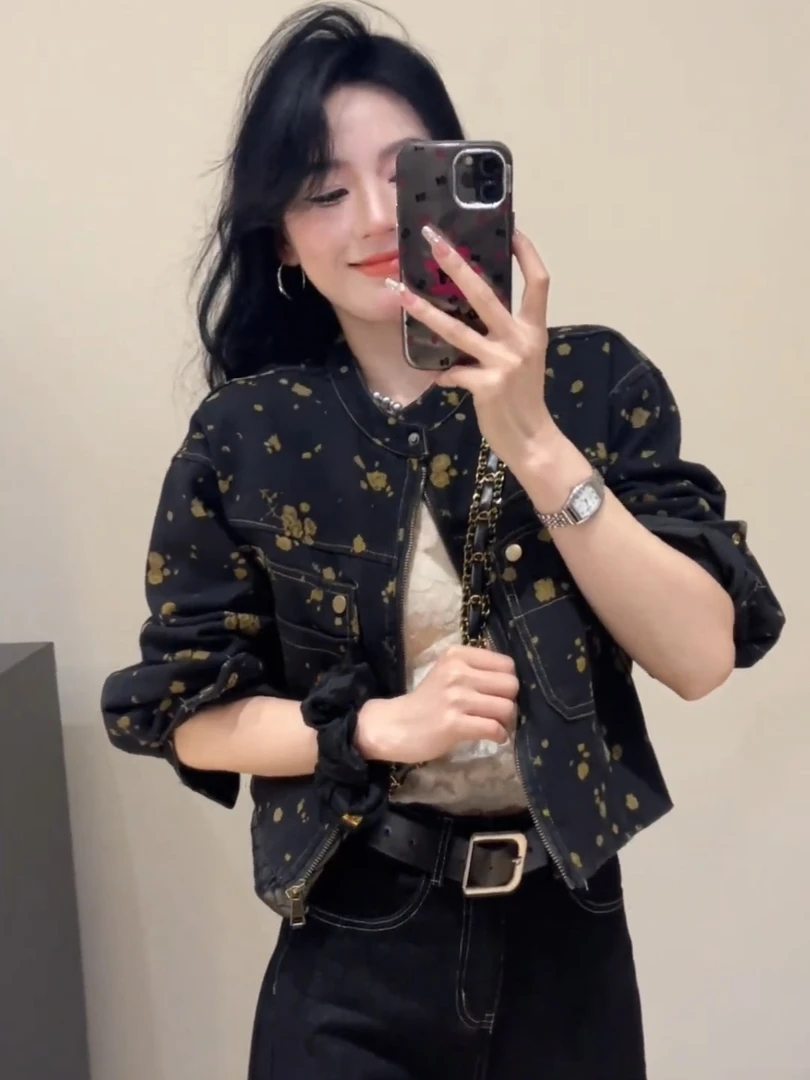 复古花色印花牛仔外套女2025春秋新款设计感小众短款气质休闲夹克