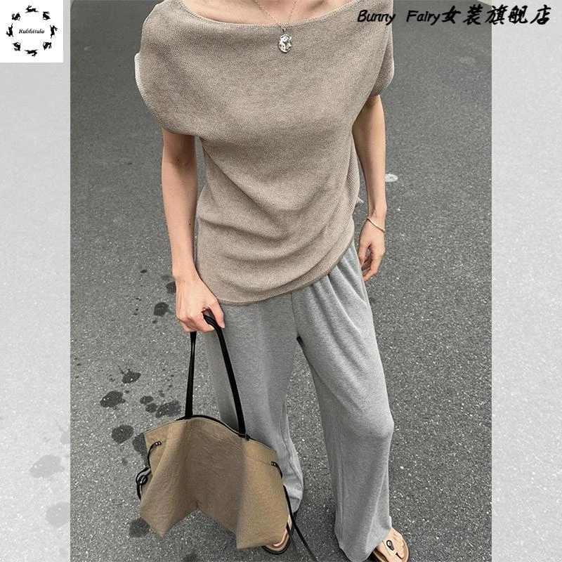 韩系驼色一字肩短袖t恤女夏季高级感气质冰丝针织短款露肩上衣薄