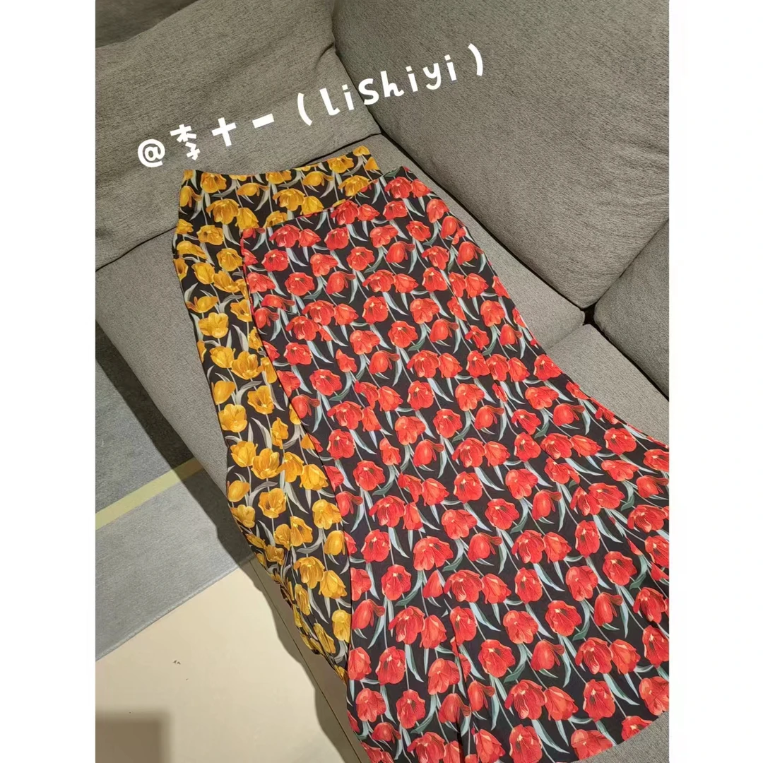 【李十一LISHIYI】撞色别致郁金香印花鱼尾半身裙★9157
