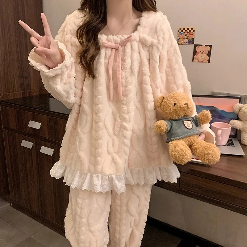 加绒加厚冬季睡衣女珊瑚绒甜美风新款法兰绒可外穿小个子家居服