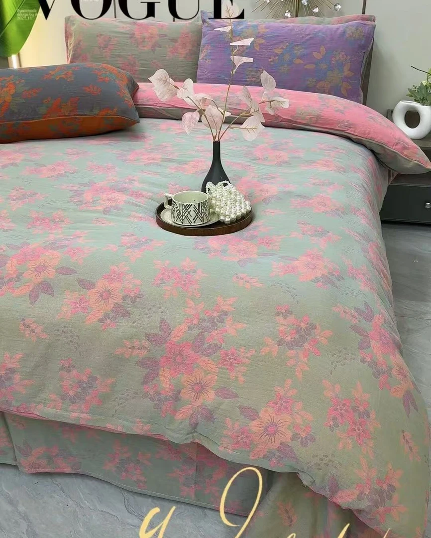 依梦粉（四件套）高端纯棉双层纱色织大提花