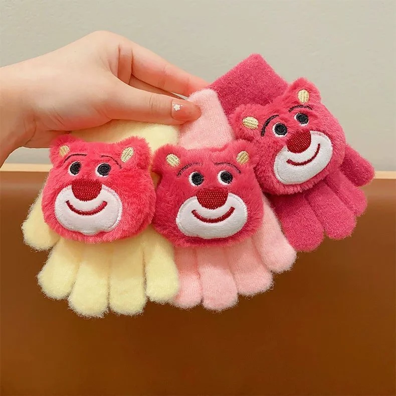 草莓熊儿童手套冬季女童可爱连指手套保暖小孩五指手套冬天女宝XH