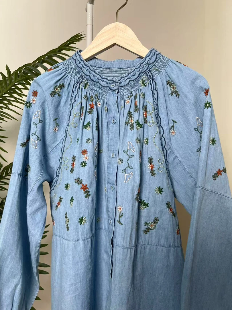 【插肩袖小花刺绣牛仔棉衬衫】2725