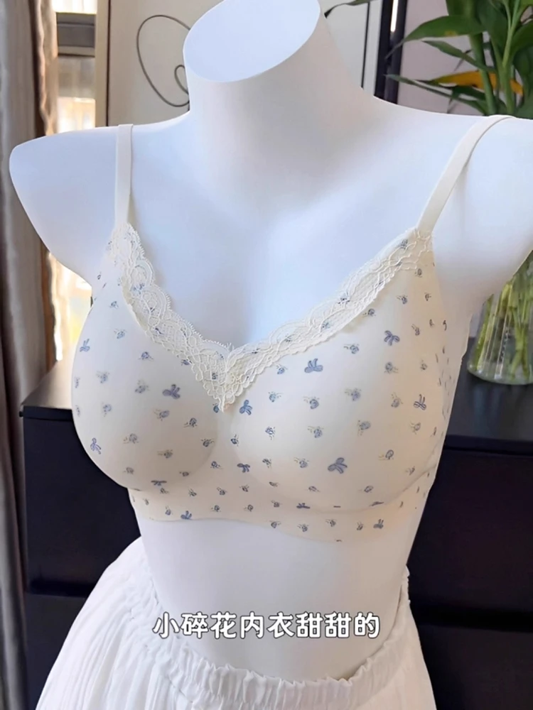 舒服蕾田园风碎花小胸聚拢内衣美背无痕无钢圈文胸蕾丝不空杯显大