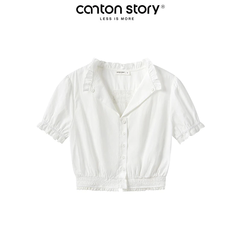 羊城故事 法式木耳边泡泡袖翻领短袖衬衫夏季甜美衬衣 Y50449605