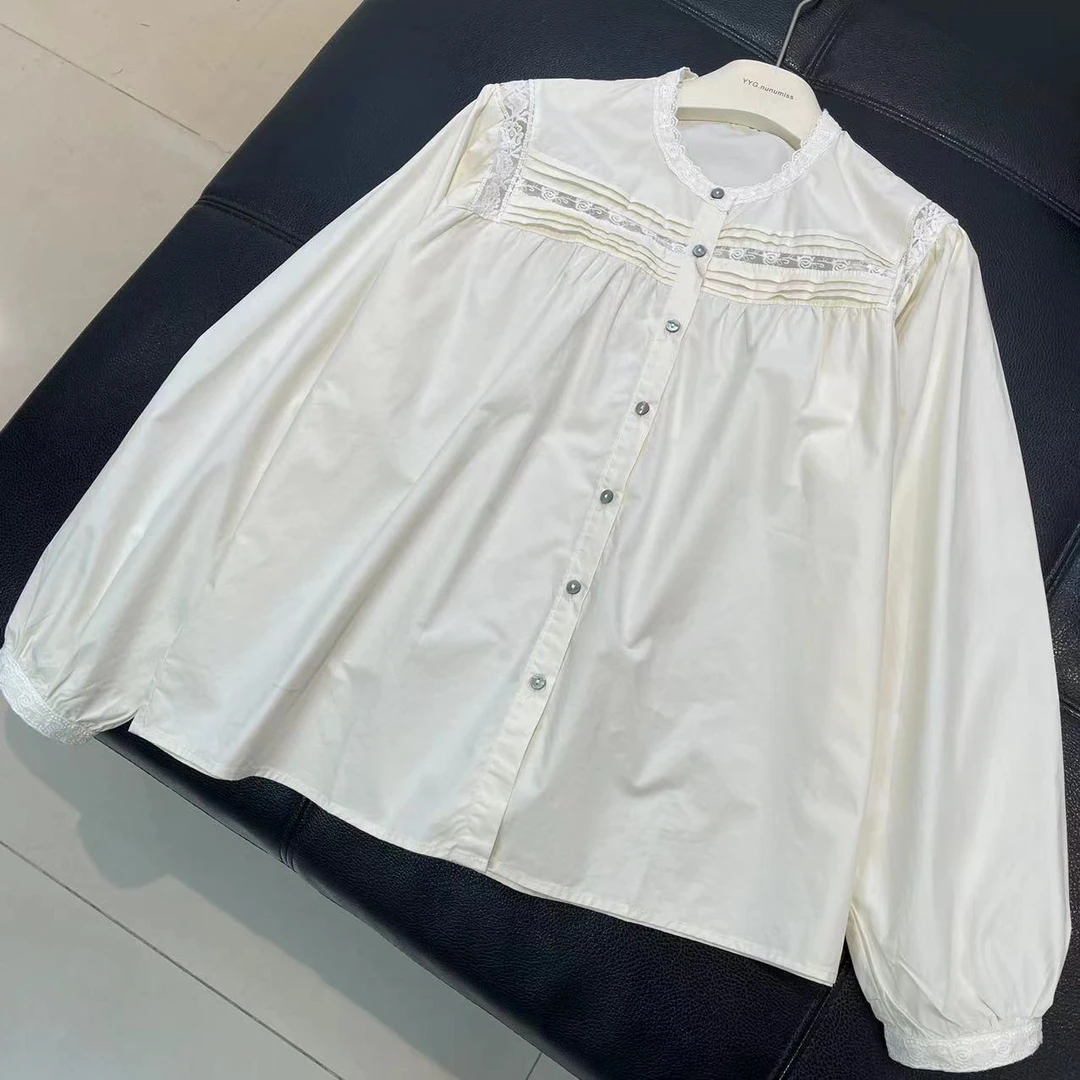 CS109春装新款全棉圆领长袖蕾丝花边衬衫女士